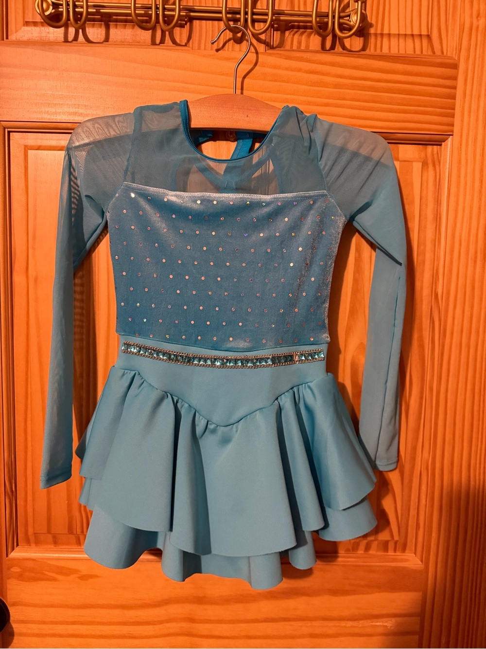 Weissman Teal Blue Long-Sleeve Dance Dress with Rhinestones style 17755